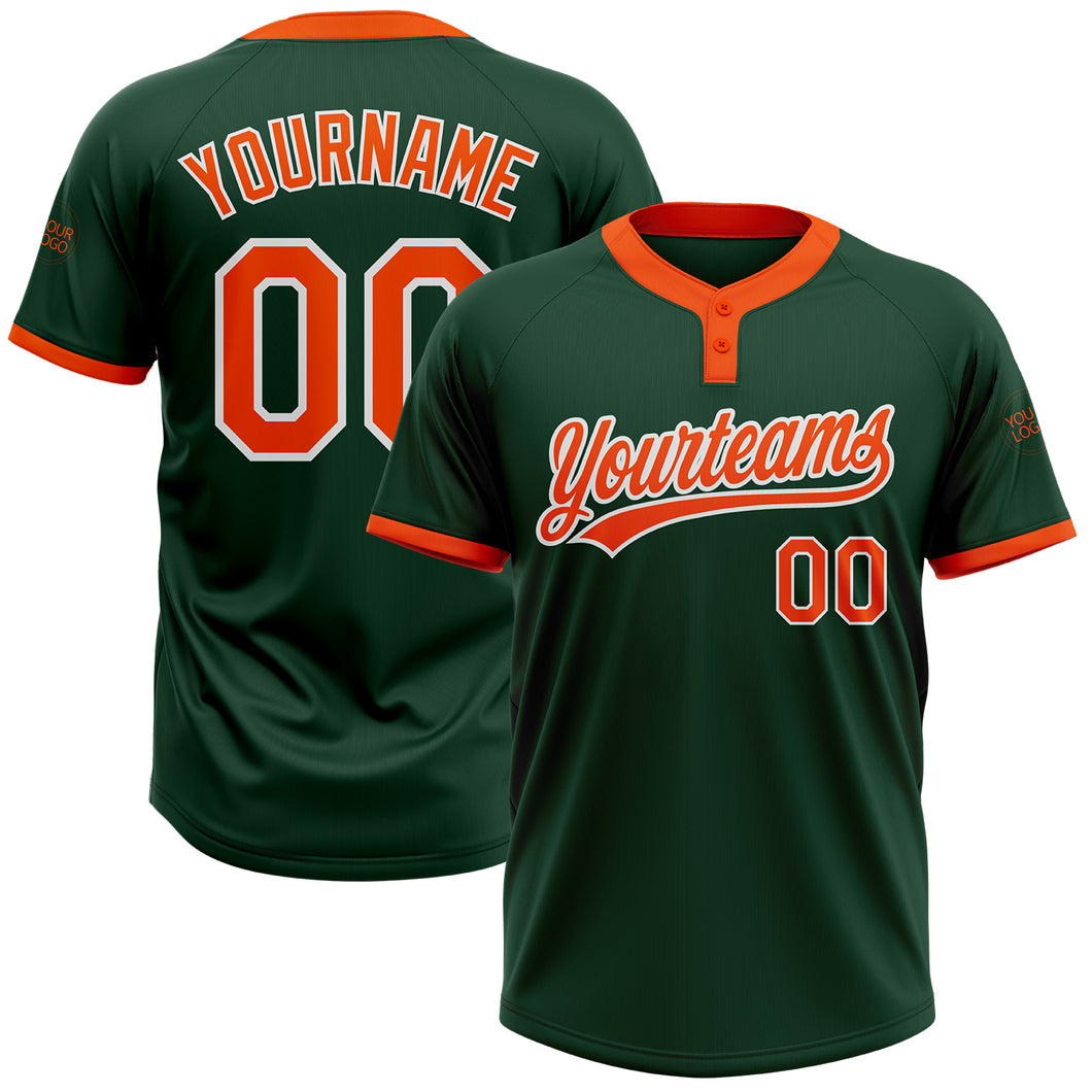 Custom Green Orange-White Two-Button Unisex Softball Jersey