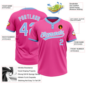 Custom Pink Light Blue-White Two-Button Unisex Softball Jersey