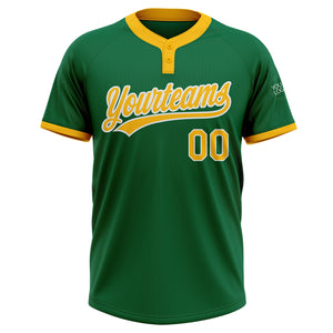 Custom Kelly Green Gold-White Two-Button Unisex Softball Jersey