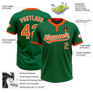 Custom Kelly Green Orange-White Two-Button Unisex Softball Jersey