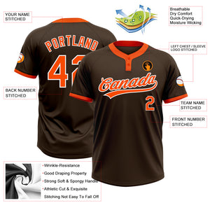 Custom Brown Orange-White Two-Button Unisex Softball Jersey