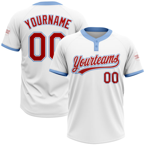Custom White Red-Light Blue Two-Button Unisex Softball Jersey Fast