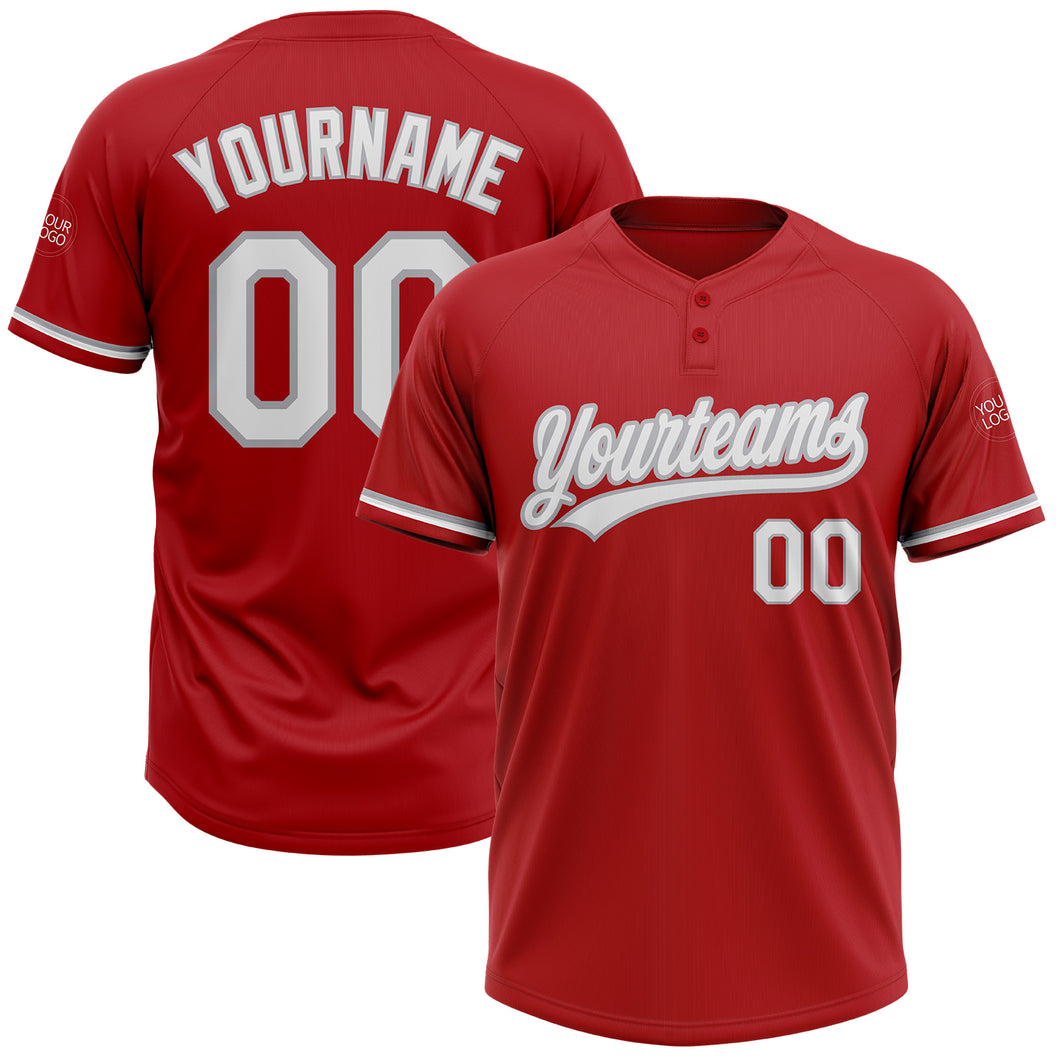 Custom Red White-Gray Two-Button Unisex Softball Jersey