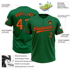 Custom Kelly Green Orange-Black Two-Button Unisex Softball Jersey