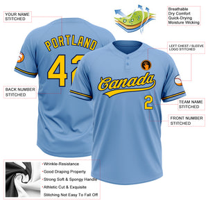 Custom Light Blue Yellow-Navy Two-Button Unisex Softball Jersey