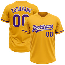 Load image into Gallery viewer, Custom Gold Purple-White Two-Button Unisex Softball Jersey
