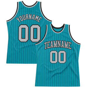 Custom Teal Black Pinstripe Gray Authentic Basketball Jersey