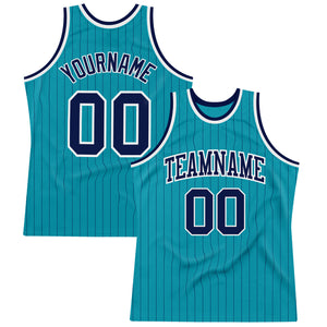 Custom Teal Navy Pinstripe Navy-White Authentic Basketball Jersey