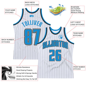 Custom White Black Pinstripe Blue-Gray Authentic Throwback Basketball Jersey