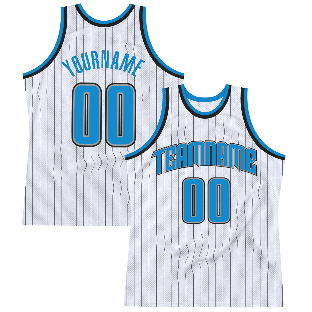 Custom White Black Pinstripe Blue-Gray Authentic Throwback Basketball Jersey