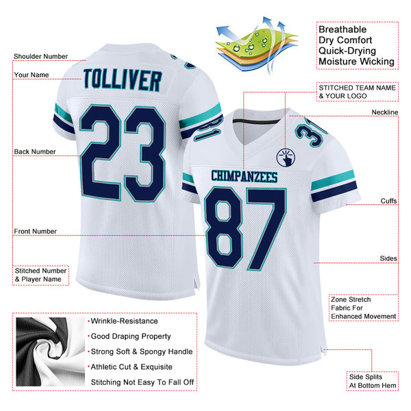 Custom Aqua Navy-White Mesh Authentic Football Jersey