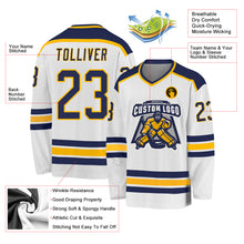 Load image into Gallery viewer, Custom White Navy-Gold Hockey Jersey
