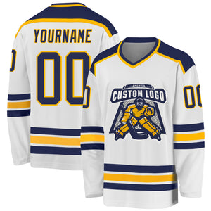 Custom White Navy-Gold Hockey Jersey