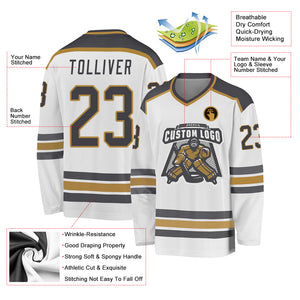 Custom White Steel Gray-Old Gold Hockey Jersey