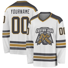 Load image into Gallery viewer, Custom White Steel Gray-Old Gold Hockey Jersey
