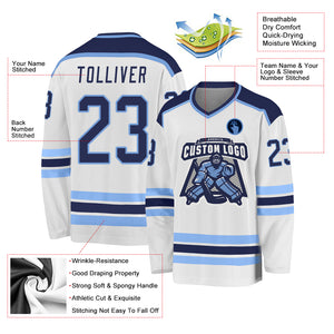 Custom White Navy-Light Blue Hockey Jersey