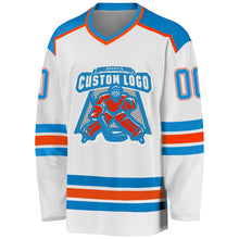 Load image into Gallery viewer, Custom White Blue-Orange Hockey Jersey
