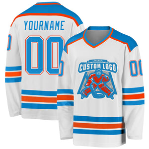 Custom White Blue-Orange Hockey Jersey