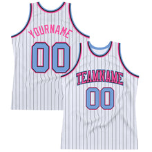 Load image into Gallery viewer, Custom White Black Pinstripe Light Blue-Pink Authentic Basketball Jersey
