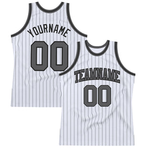 Custom White Black Pinstripe Steel Gray Authentic Basketball Jersey