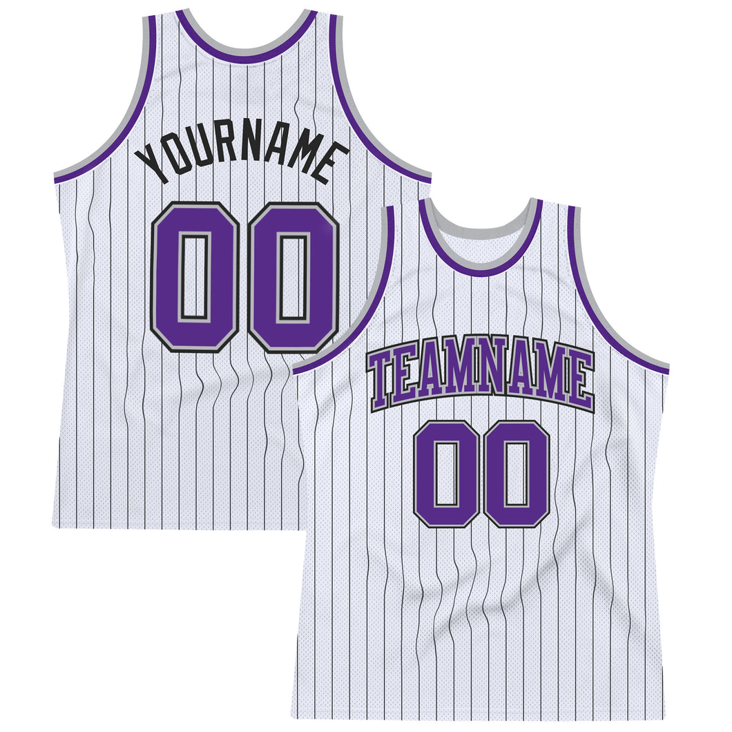 Custom White Black Pinstripe Purple-Gray Authentic Basketball Jersey