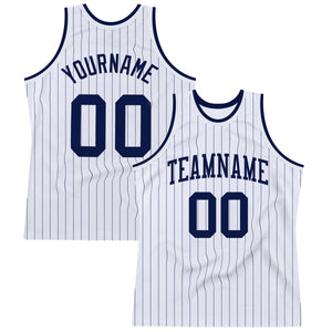 Custom White Navy Pinstripe Navy Authentic Basketball Jersey