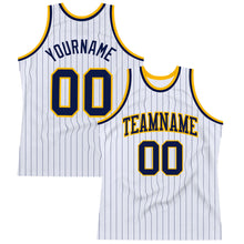 Load image into Gallery viewer, Custom White Navy Pinstripe Navy-Gold Authentic Basketball Jersey
