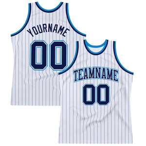 Custom White Navy Pinstripe Navy-Blue Authentic Basketball Jersey