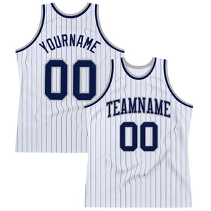 Custom White Navy Pinstripe Navy-Gray Authentic Basketball Jersey