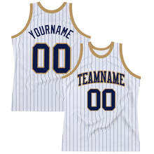 Load image into Gallery viewer, Custom White Navy Pinstripe Navy-Old Gold Authentic Basketball Jersey
