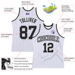 Custom White Purple Pinstripe Black-Gray Authentic Basketball Jersey