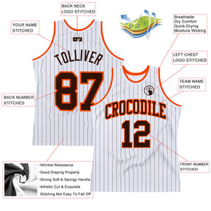 Custom White Brown Pinstripe Brown-Orange Authentic Basketball Jersey