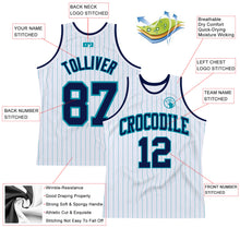 Load image into Gallery viewer, Custom White Teal Pinstripe Navy Authentic Basketball Jersey
