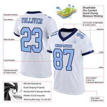 Custom White Light Blue-Navy Mesh Authentic Football Jersey