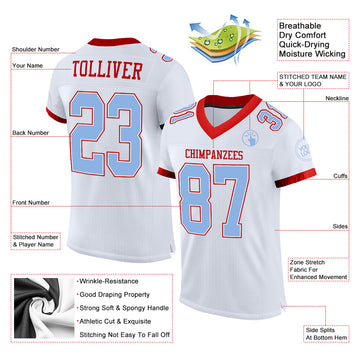 Custom White Light Blue-Red Mesh Authentic Football Jersey