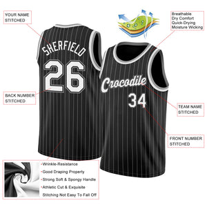 Custom Black White Pinstripe White-Gray Authentic Throwback Basketball Jersey