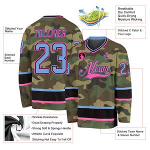 Custom Camo Light Blue-Pink Salute To Service Hockey Jersey