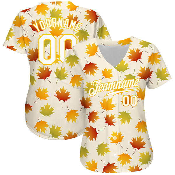 Custom Baseball Jersey 3D Pattern Design Golden and Green Tropical Leaves In The Style of Jungalow and Hawaii Authentic Men's Size:XL