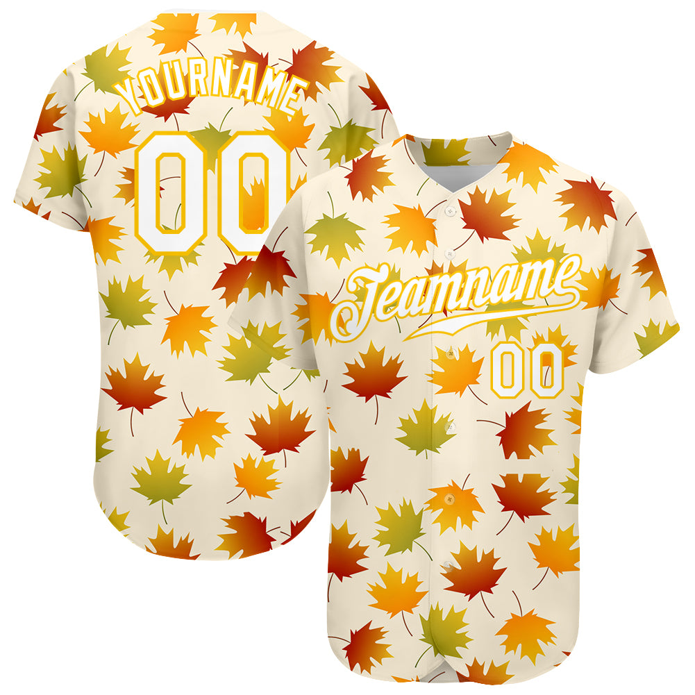 Custom Baseball Jersey 3D Pattern Design Golden and Green Tropical Leaves In The Style of Jungalow and Hawaii Authentic Men's Size:XL