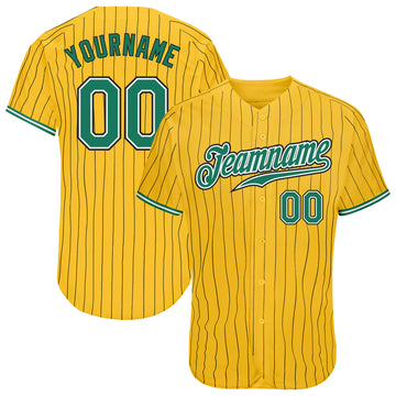 Custom Yellow Black Pinstripe Kelly Green-White Authentic Baseball Jersey