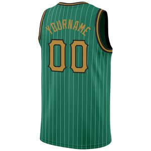 Custom Kelly Green White Pinstripe Old Gold-Black Authentic Basketball Jersey