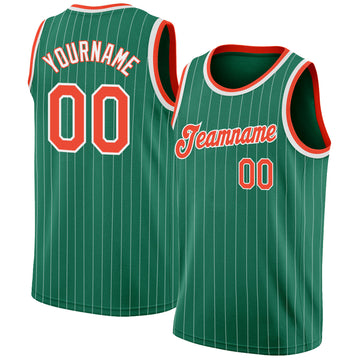 Custom Kelly Green White Pinstripe Orange-White Authentic Basketball Jersey