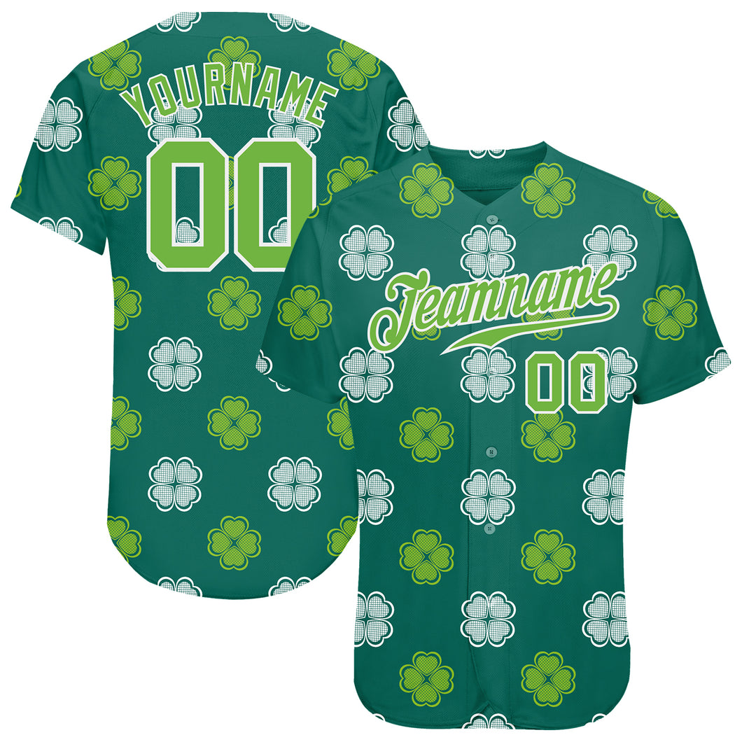 Custom Kelly Green Neon Green-White 3D Pattern Design Authentic St. Patrick's Day Baseball Jersey