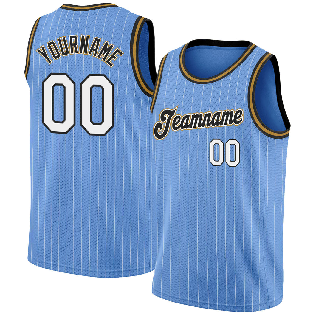 Custom Light Blue White Pinstripe White-Old Gold Authentic Basketball Jersey