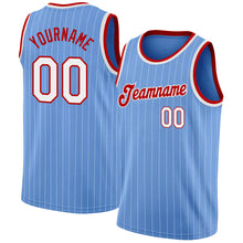 Load image into Gallery viewer, Custom Light Blue White Pinstripe White-Red Authentic Basketball Jersey
