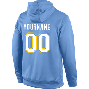 Custom Stitched Light Blue White-Gold Sports Pullover Sweatshirt Hoodie