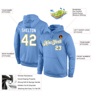 Custom Stitched Light Blue White-Gold Sports Pullover Sweatshirt Hoodie