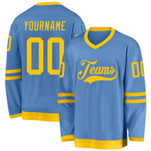 Load image into Gallery viewer, Custom Light Blue Gold Hockey Jersey
