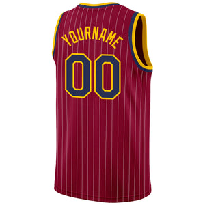 Custom Maroon White Pinstripe Navy-Gold Authentic Basketball Jersey