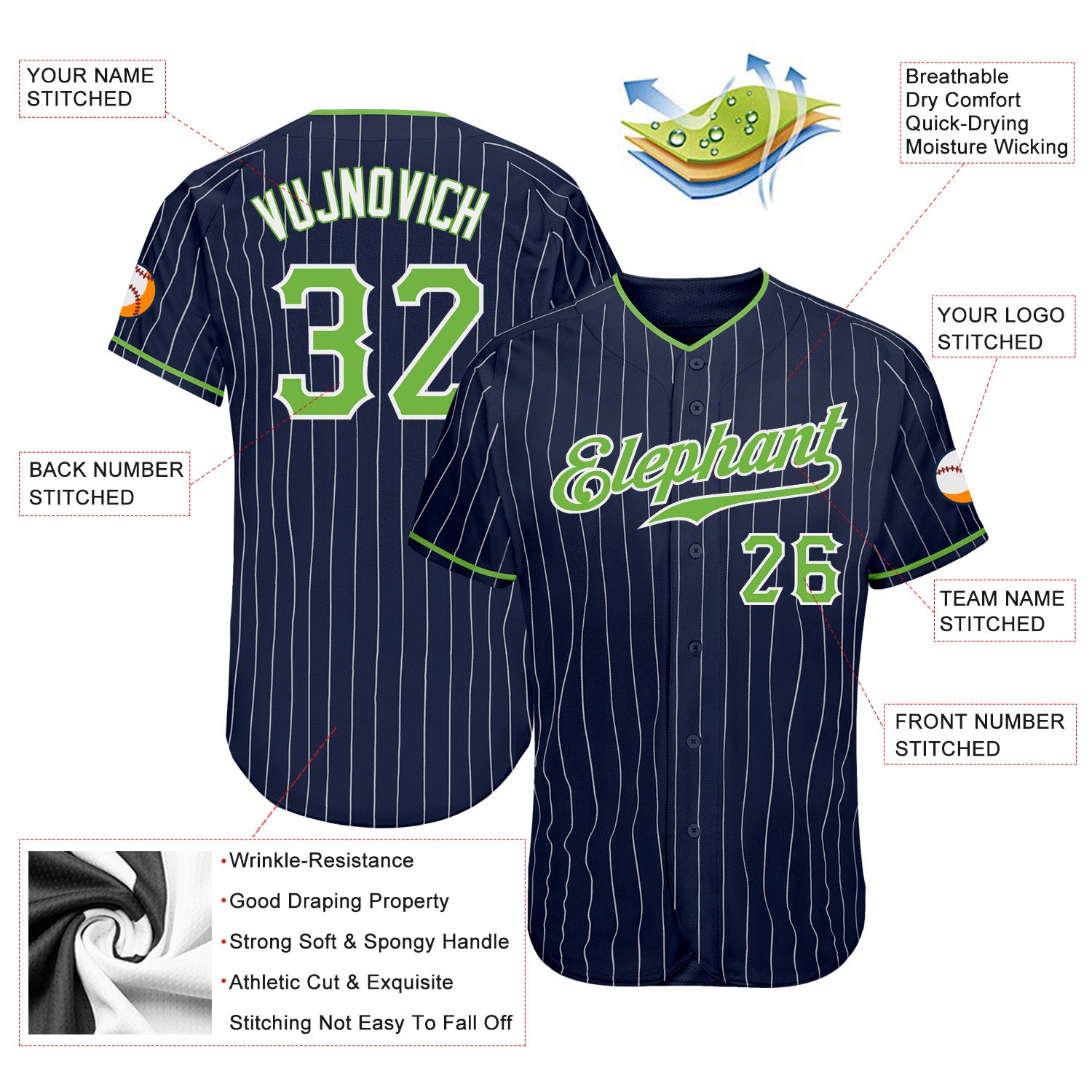 Cheap Custom Gray Navy Pinstripe Neon Green Authentic Baseball